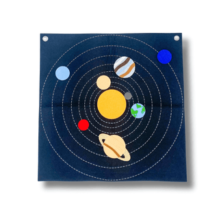 Custom-created planet felt mat for kids to learn about the planets. Children can place the planets on the mat, either hanging it up or laying it on the floor. Ideal for play-based learning about the solar system and engaging, hands-on fun.