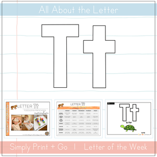 Illustration of the Letter Tt curriculum for toddlers and preschoolers, featuring printables and educational activities.