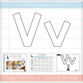 Visual resources for teaching the Letter Vv in a Toddler & Preschool curriculum, featuring printables and activity sheets.