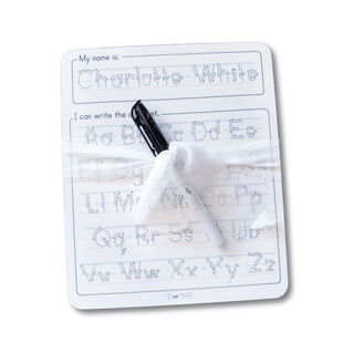 Personalized dry erase name and alphabet board with a black marker for kids learning.