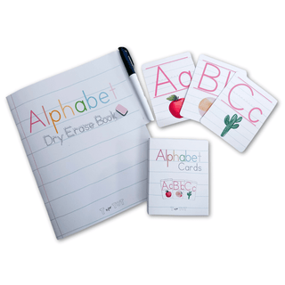 Interactive alphabet learning set featuring a dry erase book and flash cards for kids ages 3-6.