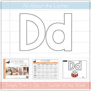 Toddler & preschool curriculum for teaching the letter Dd, featuring printables and activities.