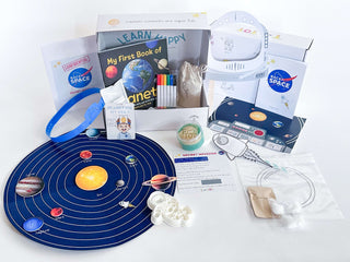 Back to Space Kit packaging showcasing all included educational tools for preschool space exploration