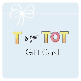 Colorful T is for TOT gift card design with a bow on a light blue background for children