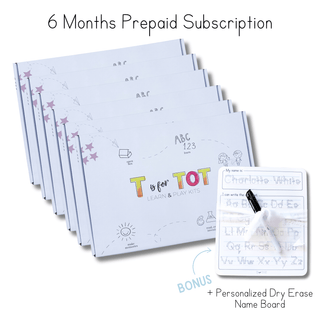 Prepaid 6 months subscription kits for kids, featuring diverse learning tools and a personalized dry erase name board.
