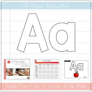 Visual resources for teaching the Letter Aa curriculum for toddlers and preschoolers with print-and-go materials.