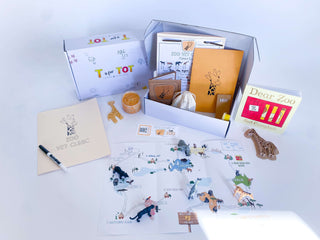 Interactive zoo-themed kit for children with a giraffe playdough cutter, homemade playdough, zoo map, and a vet folder with expo marker for pretend play. Includes play animals,