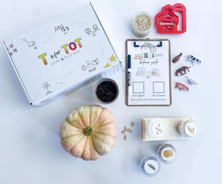 Farm play kit for kids with homemade non-toxic playdough, barn playdough cutter, and a playdough farm mat. Features farm animals with a fence, a balance scale, and a Grow Your Own Pumpkin kit. Comes with