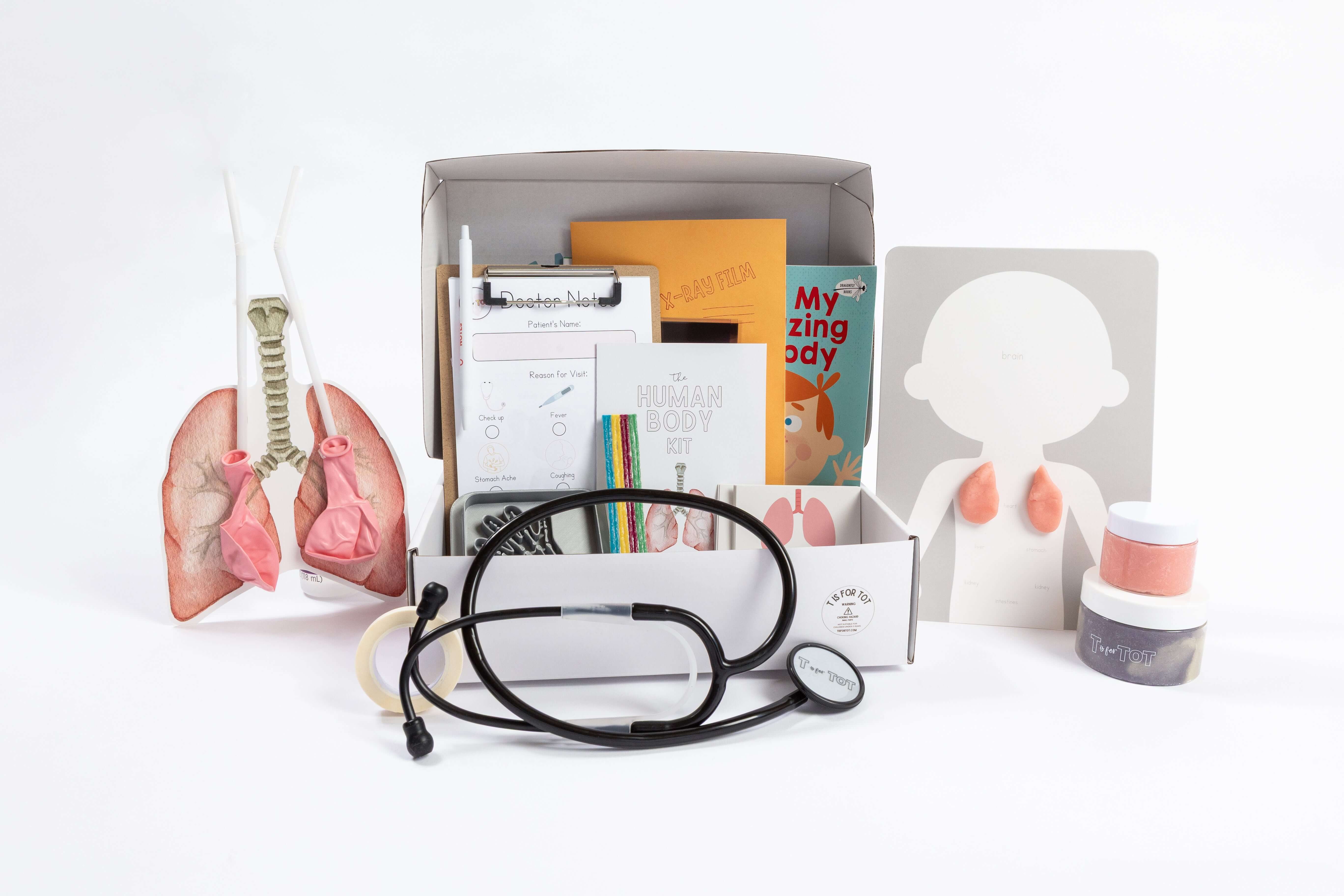 Human Body Kit contents including anatomy pieces, activity cards, and learning materials