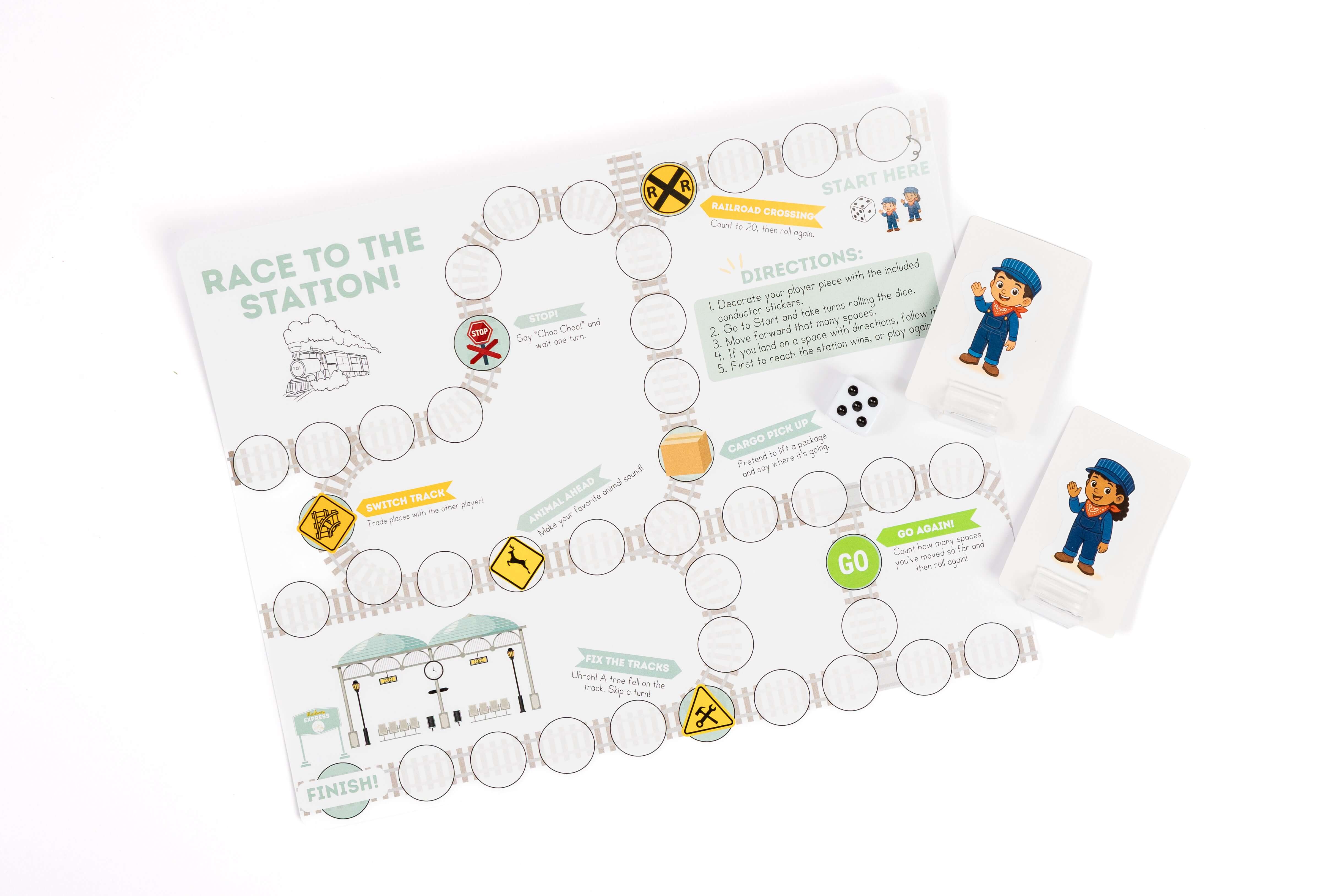 Race to the Station board game supporting preschool counting, turn-taking, and problem-solving