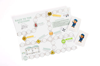 Race to the Station board game supporting preschool counting, turn-taking, and problem-solving