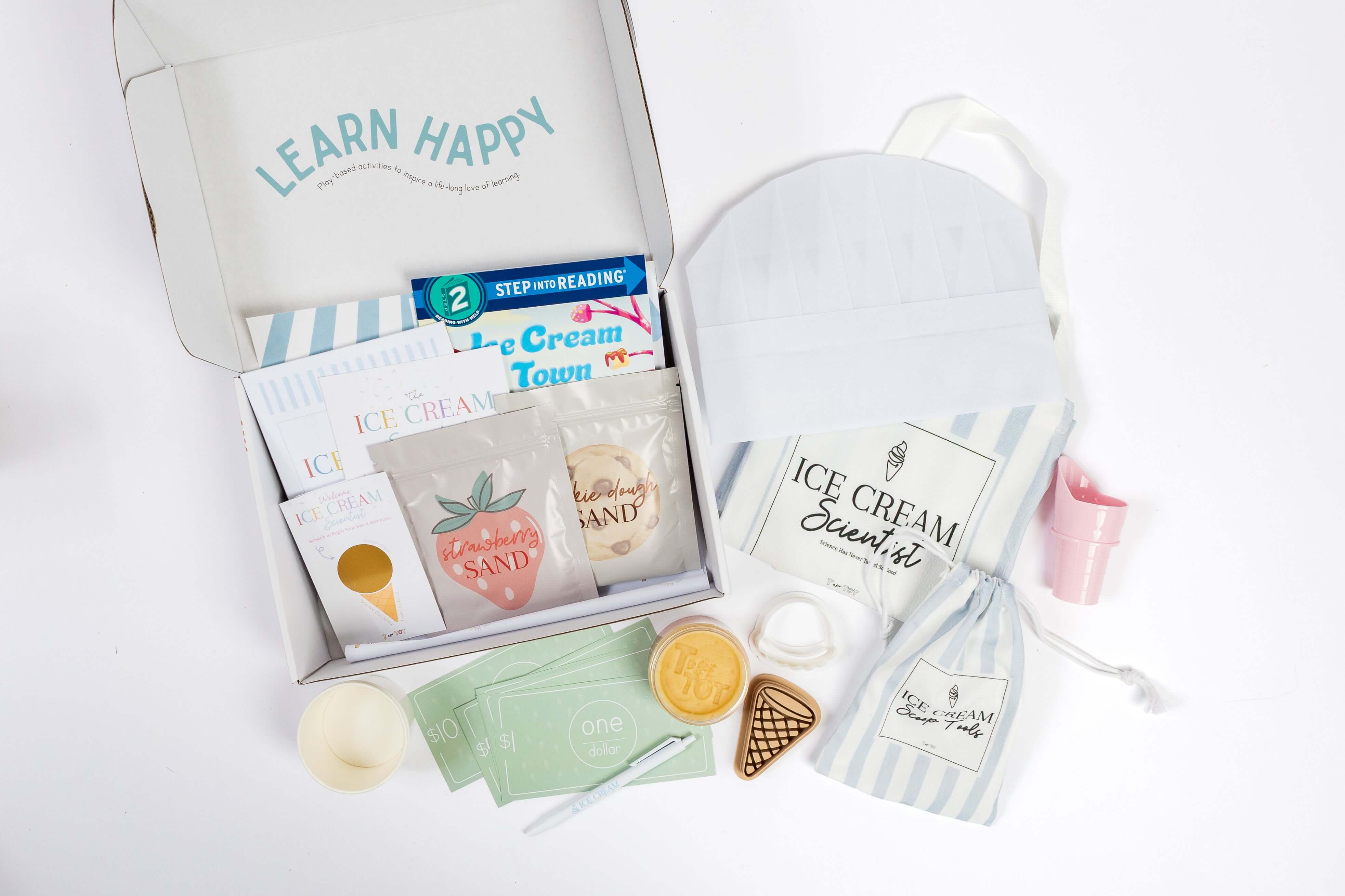 Ice Cream Scientist Kit contents including tools, ingredients, experiment cards, and learning materials