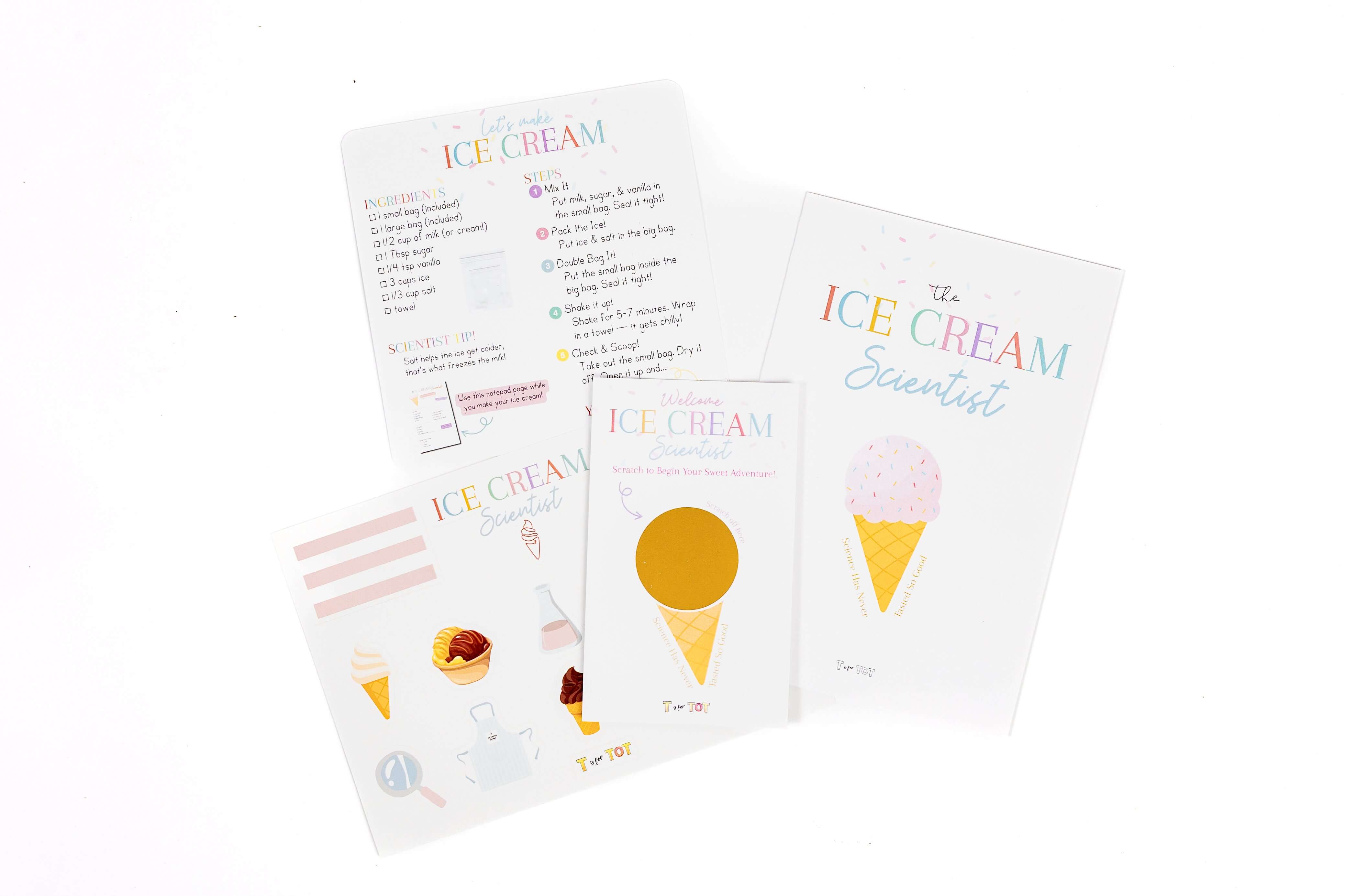 Ice Cream Scientist experiment instruction cards guiding preschoolers through a hands-on science activity