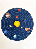 Interactive space felt mat featuring labeled planets, aiding tactile learning of the solar system