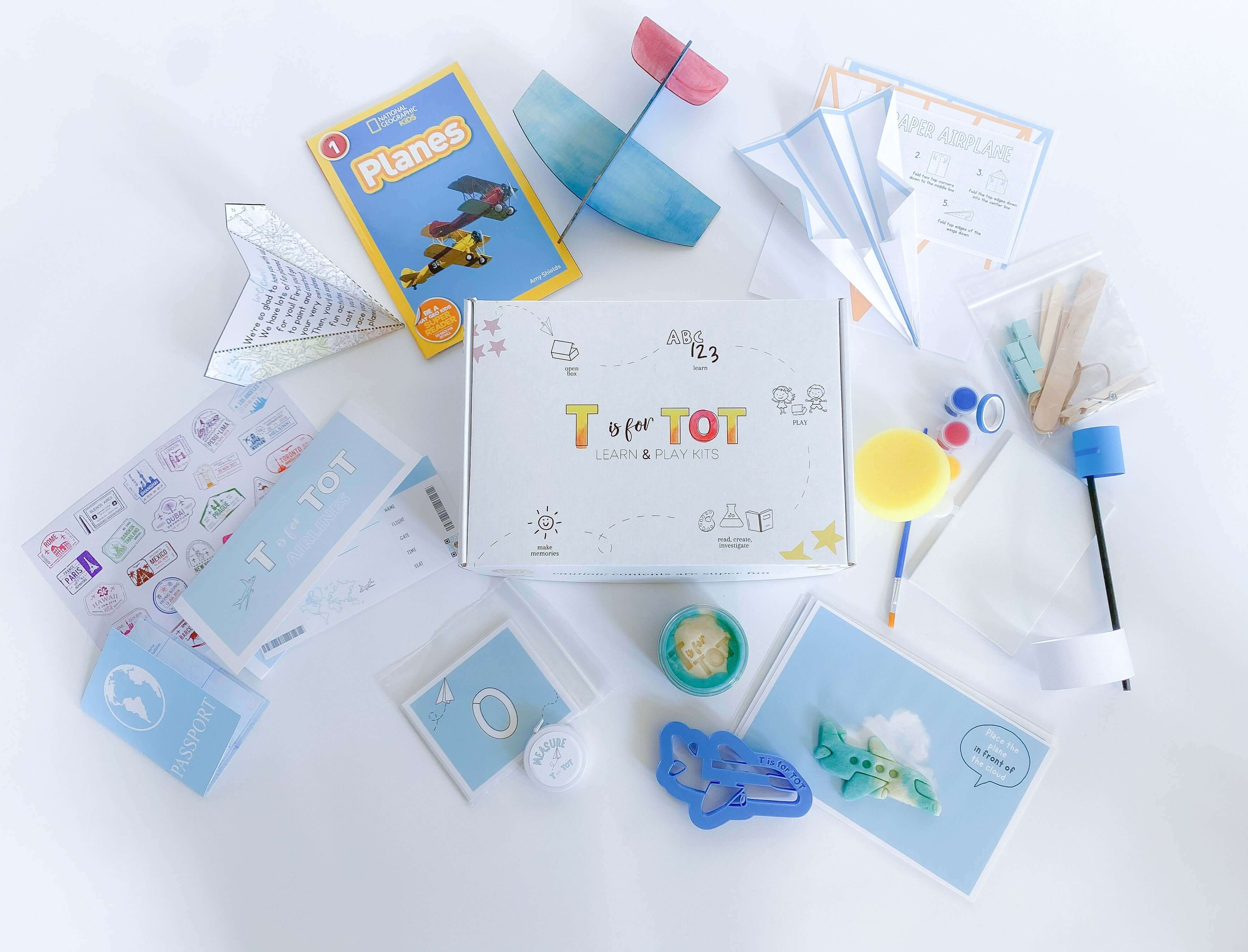 Interactive airplane kit for kids with playdough cutter, homemade playdough, paper airplane materials, wooden airplane crafting, straw airplane set, and pretend play items like pilot license, airplane tickets, and passport with stamp stickers.